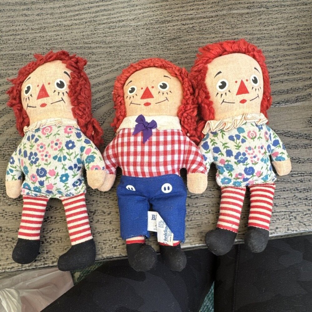 Vintage Knickerbocker Miniature  Raggedy Ann & Andy Stuffed Cloth DollsYarn Hair
